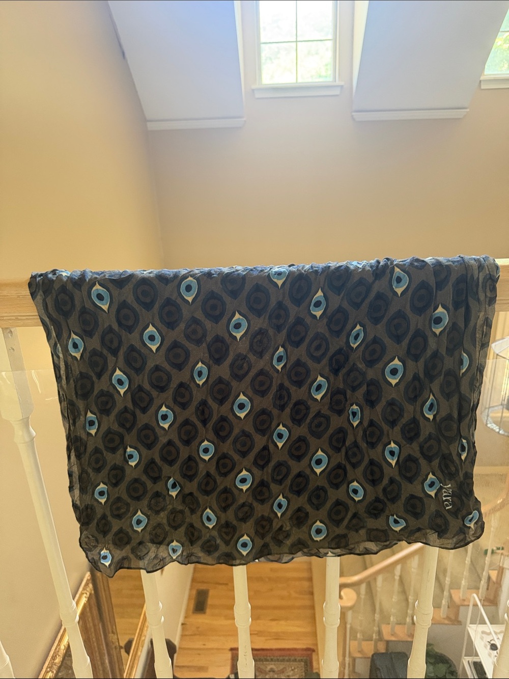 Lightweight Black Scarf with Blue Geometric Motif